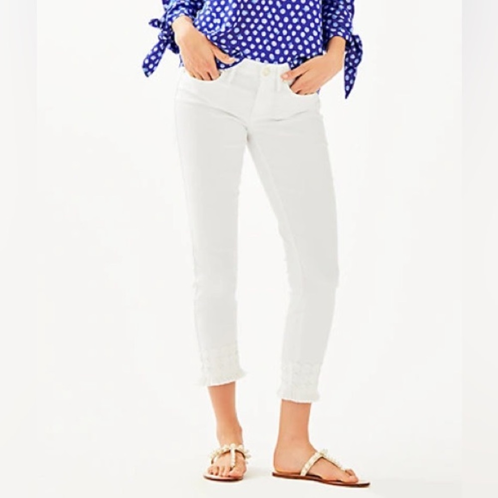 LILLY PULITZER resort white jeans ‘South Ocean Skinny Crop Lace Trim Jeans’